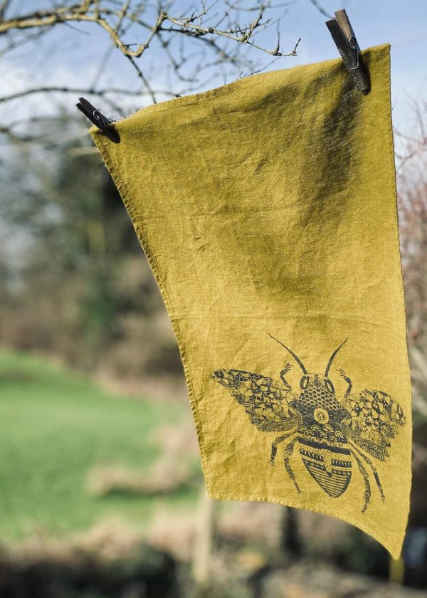 GeorgieLettersPic Linen Teatowel Moss Bee LS