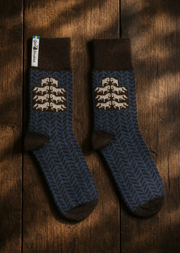 Gotland blue brown folk design wool socks