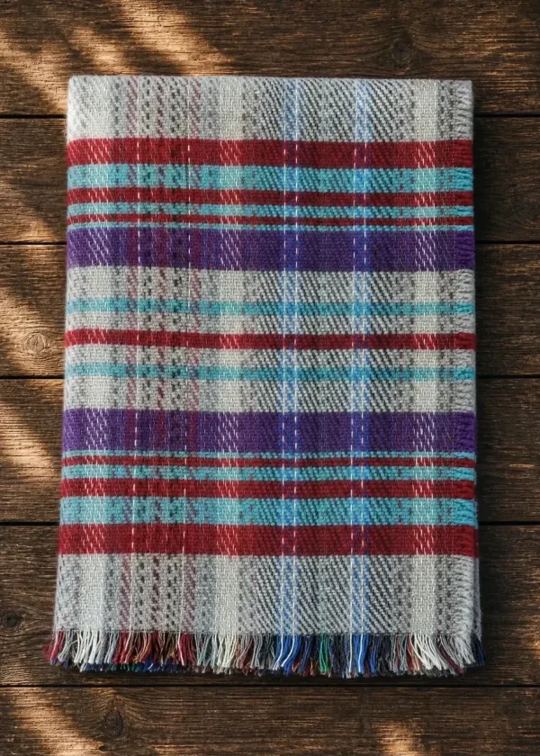 Harbourside recycled pure wool blanket in traditional weave with colorful stripes of stone, azure blue, red & purple