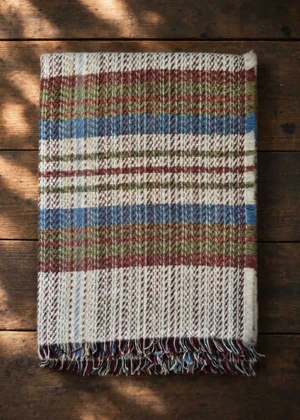 Cornflower recycled wool blanket with a natural stone coloured base and soft blue with sage green and brick red stripe details.