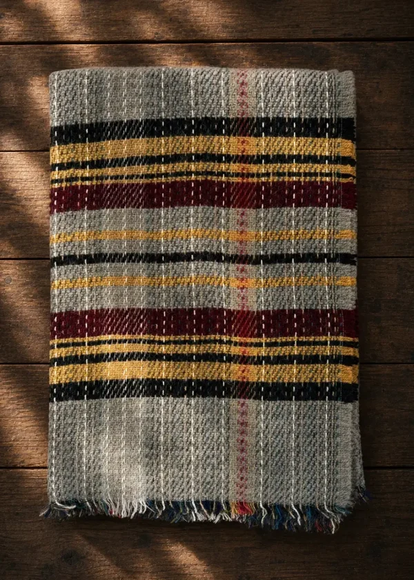 Honey & Jam recycled wool blanket with a neutral grey base and stripes of rich berry red and golden honey yellow