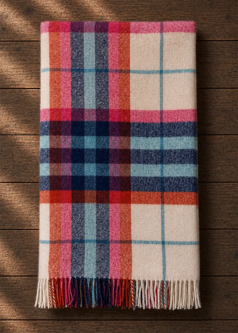 falmouth red blue pink check wool throw2