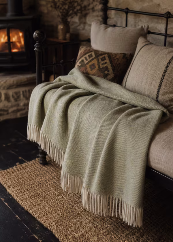 herringbone light sage pure wool throw ww
