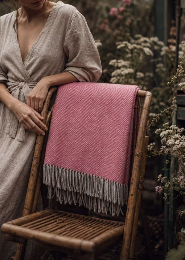 pink silver grey herringbone pure wool throw ww