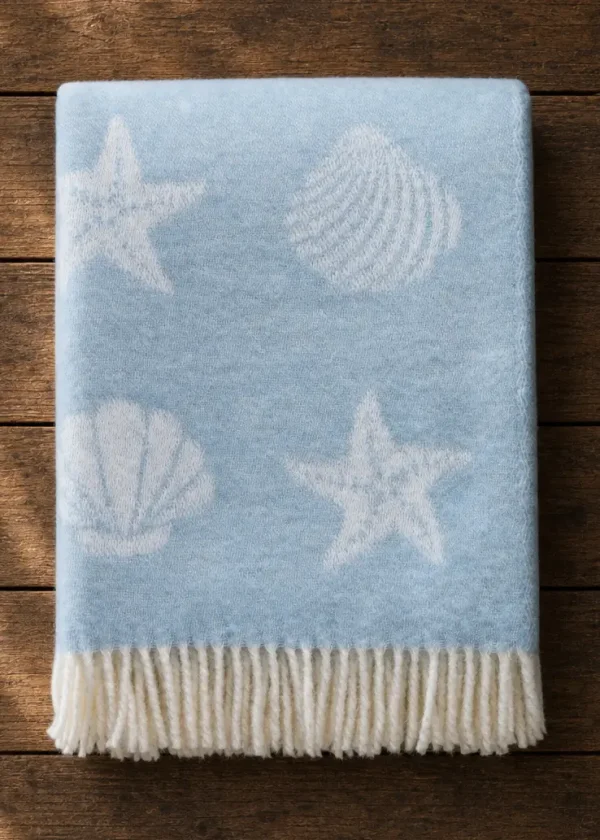 seashells blue pure wool throw ww