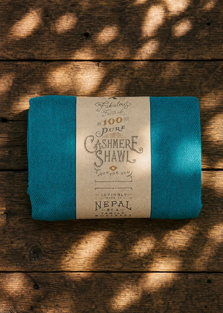 teal pure cashmere shawl fairtrade ww